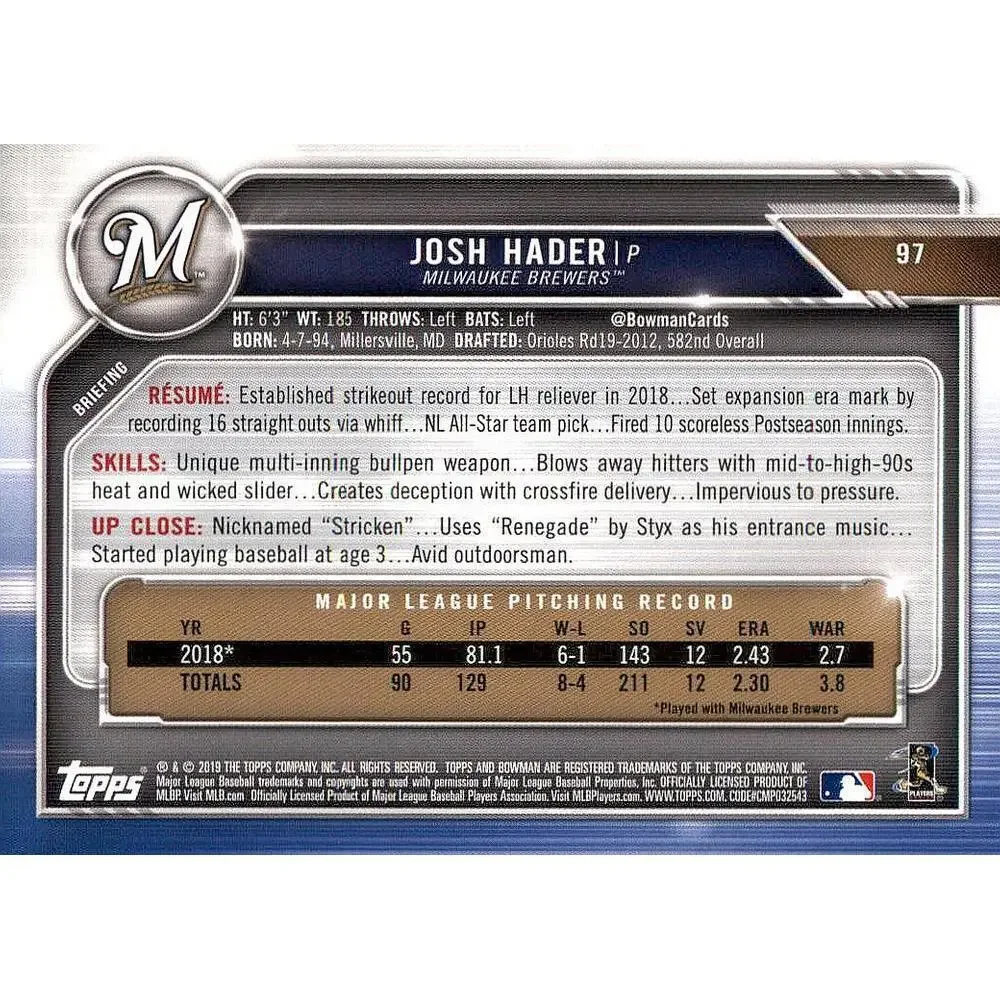 2019 Bowman Josh Hader #97 Milwaukee Brewers